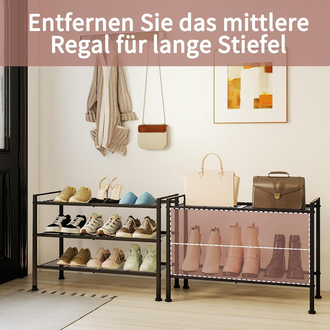 Schuhregal 3 Ebenen, platzsparendes Schuhregal aus Metall, stapelbar & verstellbar, robuster Shoe Ra