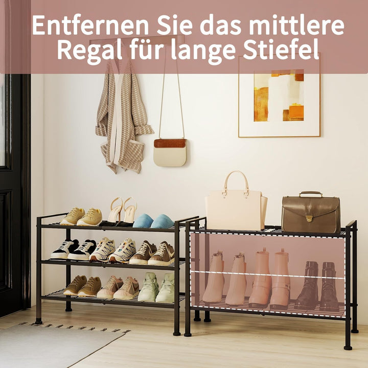 Schuhregal 3 Ebenen, platzsparendes Schuhregal aus Metall, stapelbar & verstellbar, robuster Shoe Ra