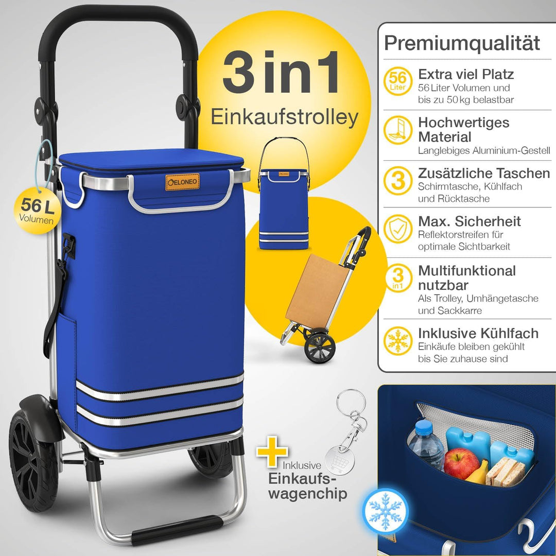 maxVitalis Einkaufstrolley klappbar, Einkaufswagen mit Kühlfach, 3in1 Trolley, Sackkarre & Umhängeta