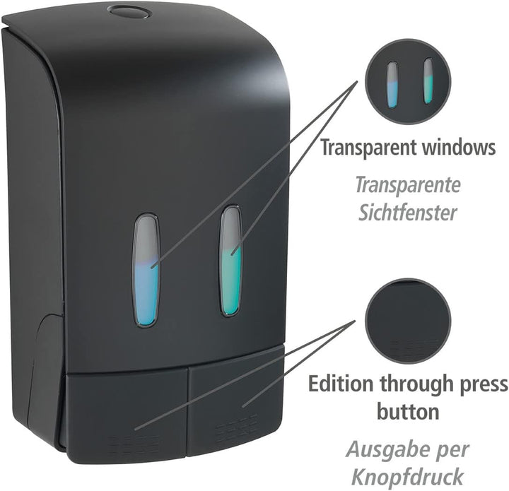 WENKO 2-Kammer Desinfektionsmittel- und Seifenspender Tartas Schwarz, hygienischer Wand-Spender für