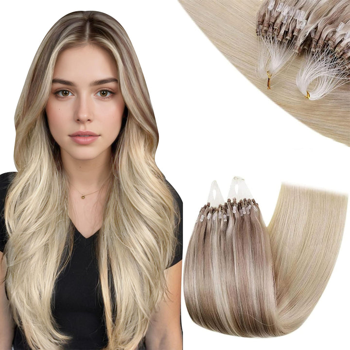 RUNATURE Microring Echthaar Extensions 45cm Blond Balayage Natürlich Micro Loop Extensions Echthaar