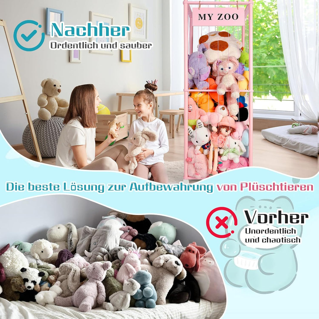 Massivholz Kuscheltier Aufbewahrung mit 360° Rollen &amp; Bremse – inkl. Baumwollnetz, Plüschtier Organi