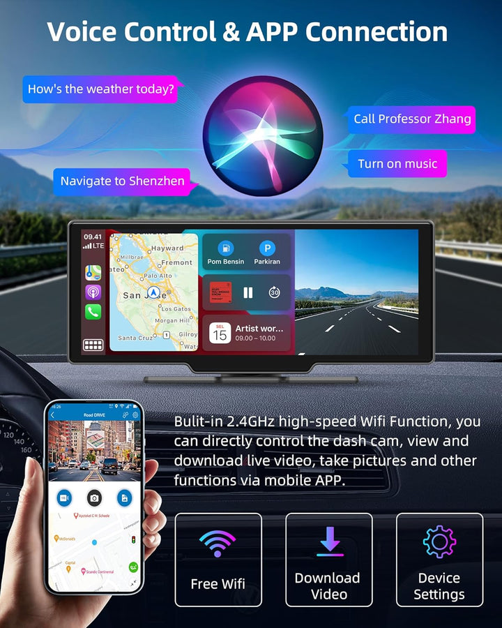 Wireless Carplay Android Auto Display mit 2.5K Dashcam Auto Vorne Hinten 10.26 Zoll Touchscreen Carp