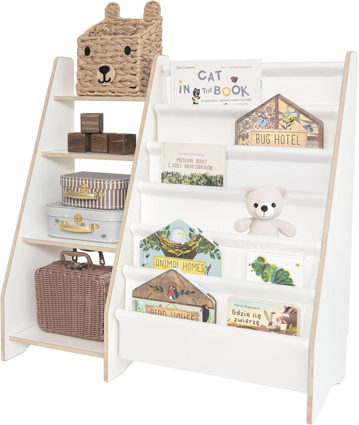 MAMOI® Bücher- und Spielzeugregal, funktionales 2-in-1-Regal, Organizer mit Ablagen und Stofftaschen
