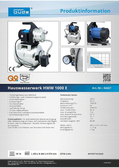 Güde 94637 HWW 1000E Hauswasserwerk (1000W, 3500l/h, Druckschalter, 19 l Edelstahltank, Förderhöhe 4