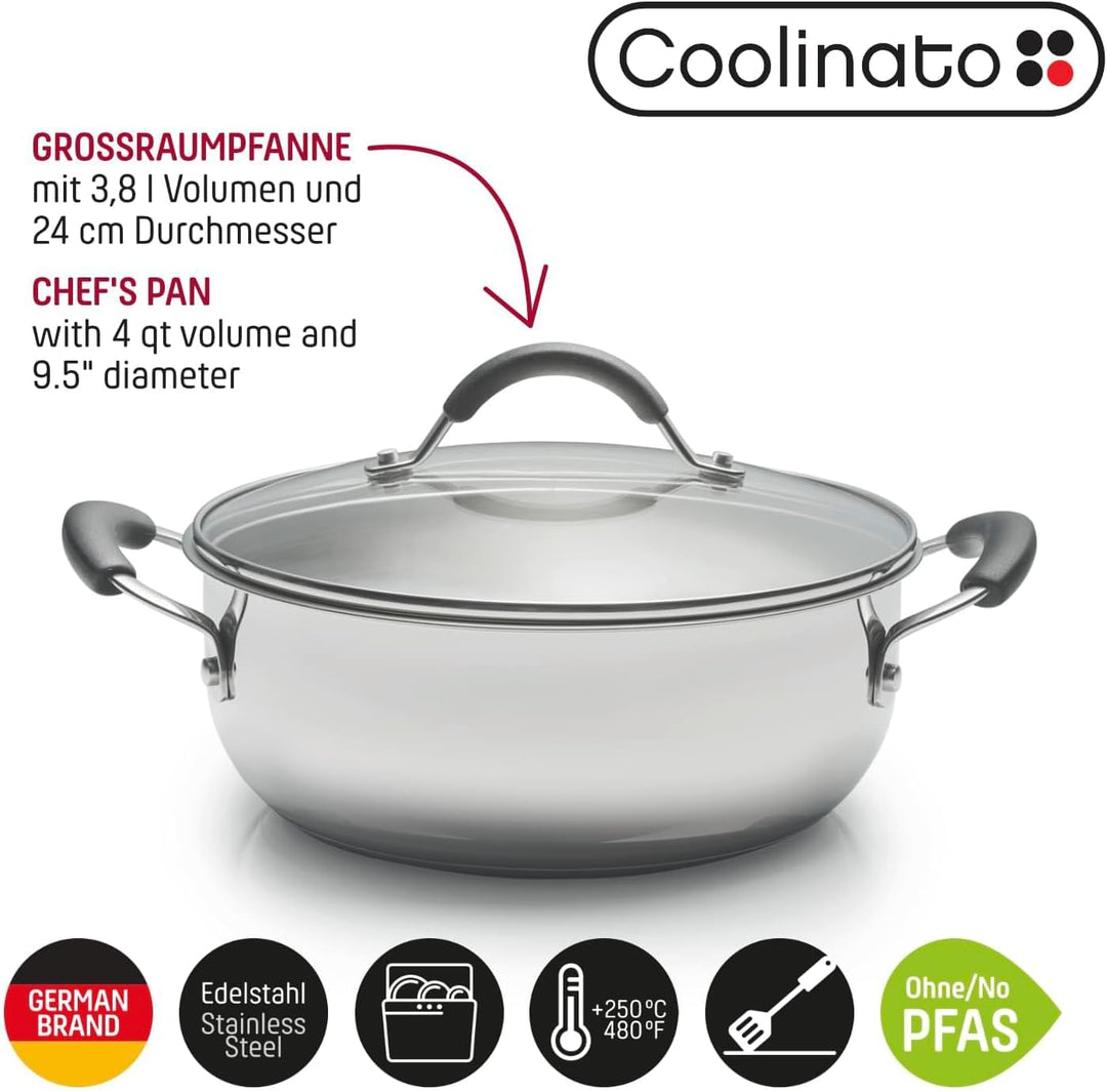 Coolinato - Edelstahl Schmortopf 24 cm mit Silikongriffen & Glasdeckel – Schmorpfanne mit 3,8 l Volu
