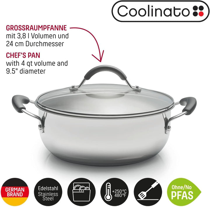 Coolinato - Edelstahl Schmortopf 24 cm mit Silikongriffen & Glasdeckel – Schmorpfanne mit 3,8 l Volu