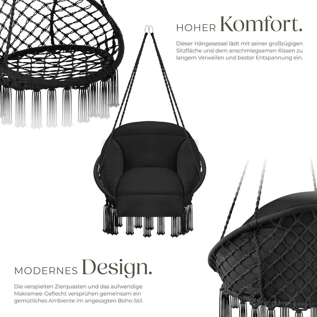 tectake® Hängesessel, Hängeschaukel mit dicken Kissen & Quasten, Boho Hängekorb Ø 80 cm, Hängesessel