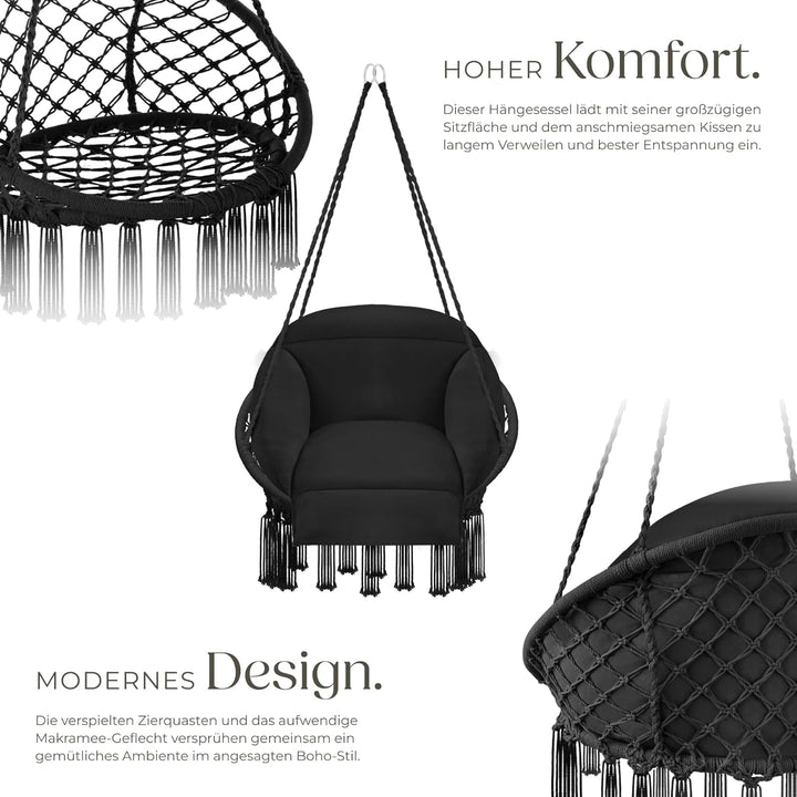 tectake® Hängesessel, Hängeschaukel mit dicken Kissen & Quasten, Boho Hängekorb Ø 80 cm, Hängesessel