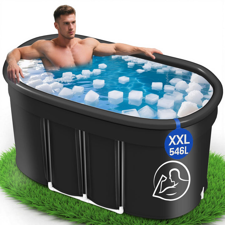 Ovales Eisbad XXL (120 cm) mit Abdeckung Komplettset - Faltbare Badewanne Erwachsene Eisbaden Tonne