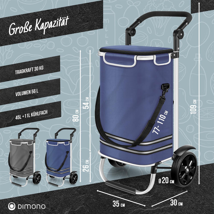Dimono® Einkaufstrolley Rolltex Klappbarer 3 in1 Trolley zum Einkaufen; 56 Liter inkl. Kühlfach; Tra