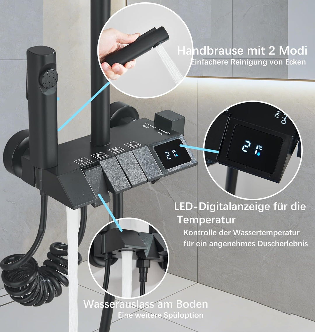 Komplettes schwarzes Duschset, bestehend aus einem Thermostat mit LED-Anzeige, einem 4-in-1-Regendus