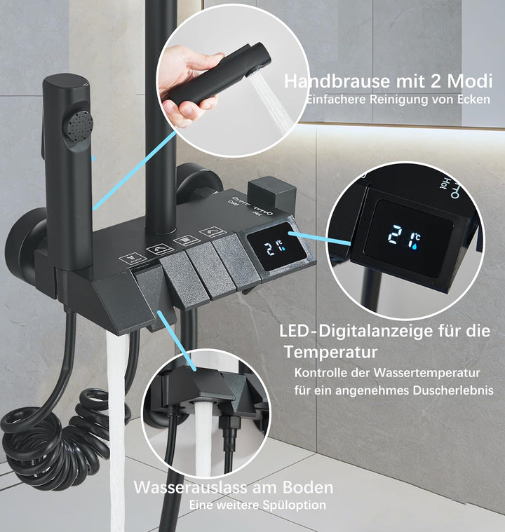 Komplettes schwarzes Duschset, bestehend aus einem Thermostat mit LED-Anzeige, einem 4-in-1-Regendus