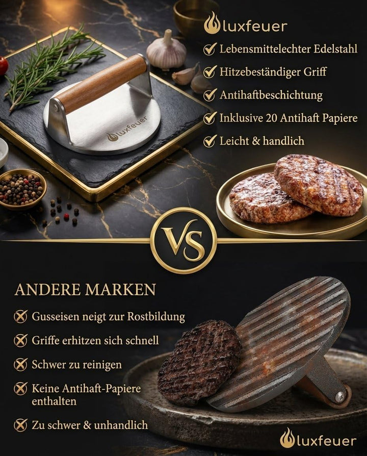 Smash Burgerpresse Edelstahl Ø14cm – mit Holzgriff & 20x Antihaftpapier – Smash Burger Smasher für G