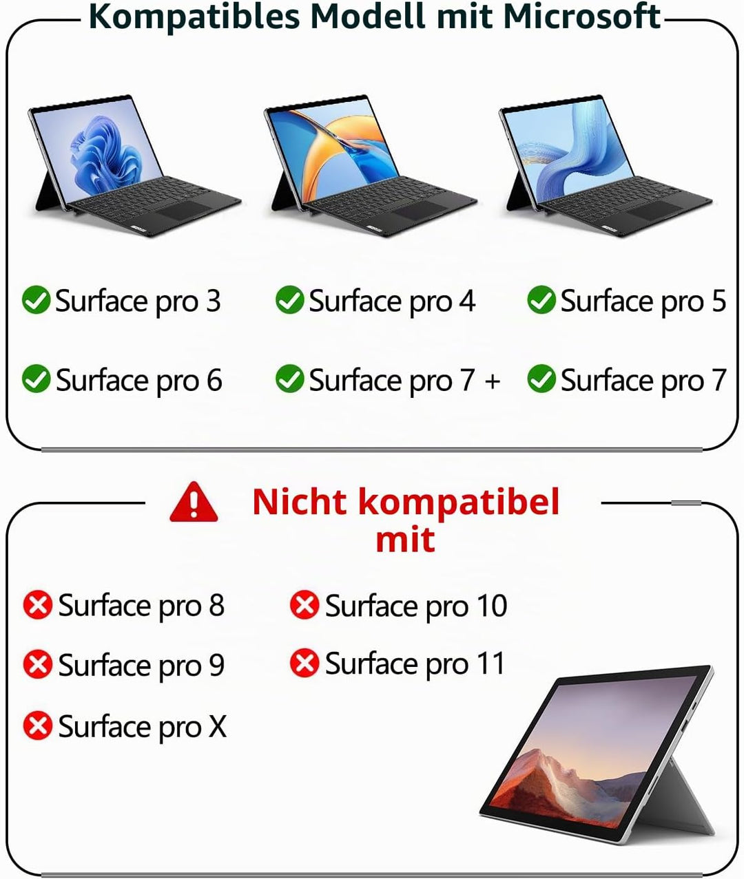 ORDA Surface Pro 7 Tastatur, Kompatibel mit Surface Pro 7+/7/6/5/4 mit Multi-Geste-Trackpad, 12.3 Zo