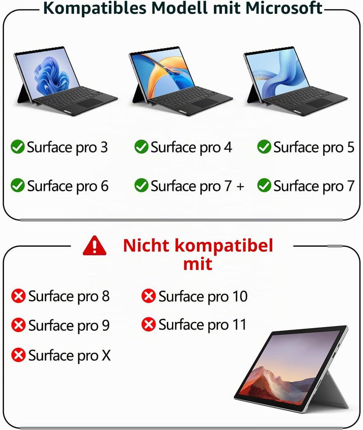 ORDA Surface Pro 7 Tastatur, Kompatibel mit Surface Pro 7+/7/6/5/4 mit Multi-Geste-Trackpad, 12.3 Zo