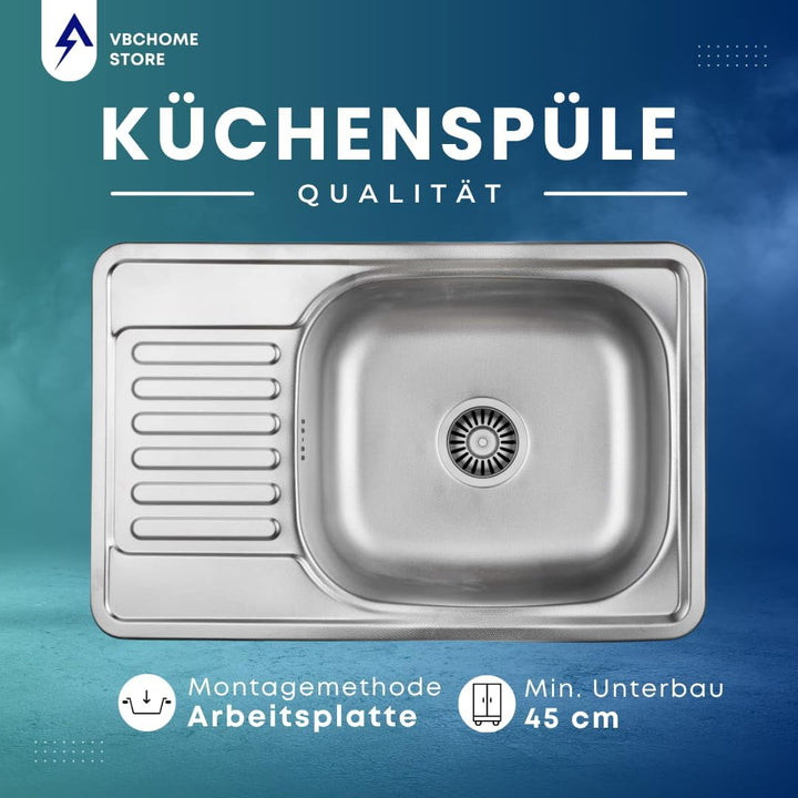 VBChome Einbauspüle 66x42 Leinenstruktur Edelstahl Ohne Hahnloch Küchenspüle Reversibel Spüle Ablage