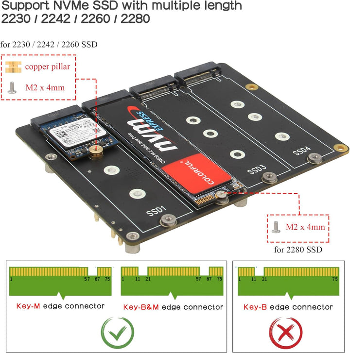 Geekworm X1011 PCIe to 4PCS M.2 Key-M NVMe SSD Peripheral Board for Raspberry Pi 5