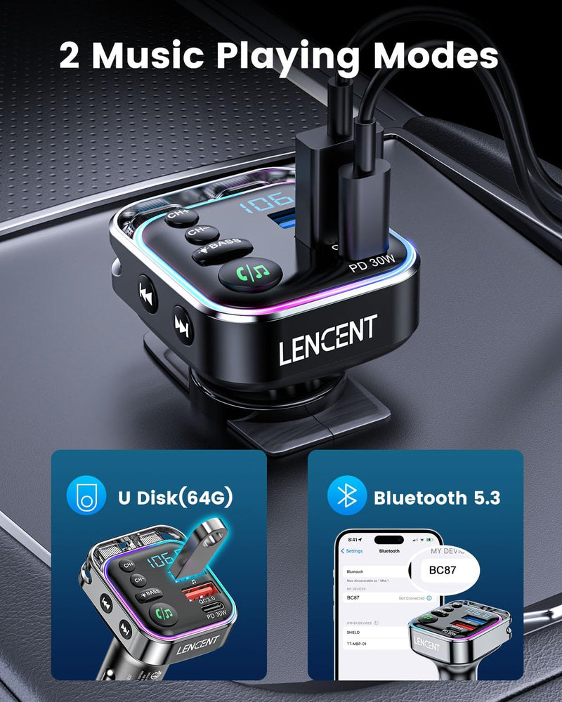 LENCENT Bluetooth FM Transmitter, Bluetooth 5,3, PD 30W & QC3.0 Schnellladegerät, Hi-Fi Musik klares