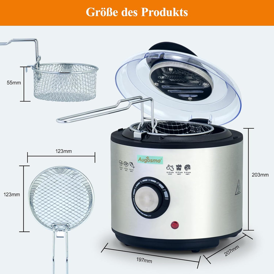 Augosma Mini Fritteuse Mit öl | 850-950W l Kapazität: 1 Liter l Sichtfenster l Frittierkorb aus Edel