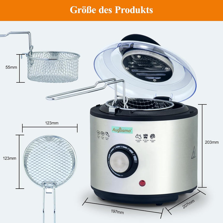 Augosma Mini Fritteuse Mit öl | 850-950W l Kapazität: 1 Liter l Sichtfenster l Frittierkorb aus Edel