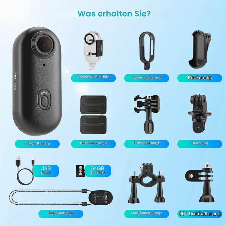 Multifunctional Mini Action Cam WiFi, 4K Bodycam körperkamera,Actionkamera mit 64 GB Speicherkarte,