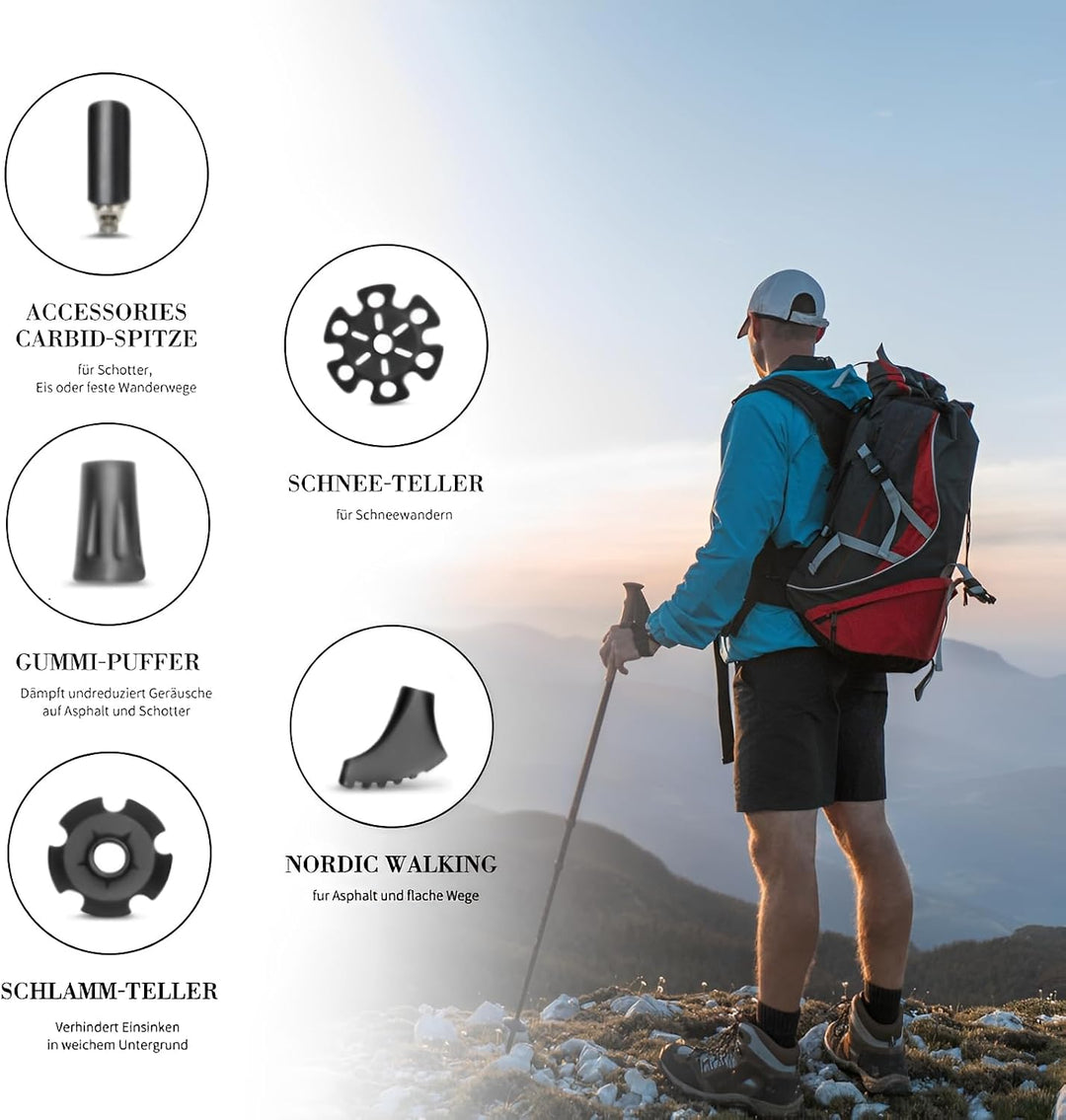 Teleskop Wanderstöcke faltbar (Aluminium) - 2er Set Ultraleicht 62-135cm verstellbar mit Korkgriff |