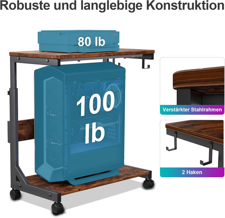 Höhenverstellbarer Computer-Tower-Ständer mit 2 Ablagen & Stauraum – für ATX-Gehäuse, Drucker, fests