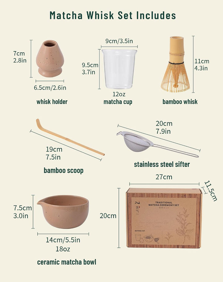 Matcha Set 6, Japanisches Matcha Schale &amp; Bambusbesen Set mit Edelstahl-Sieb, Besenhalter, Dosierlöf
