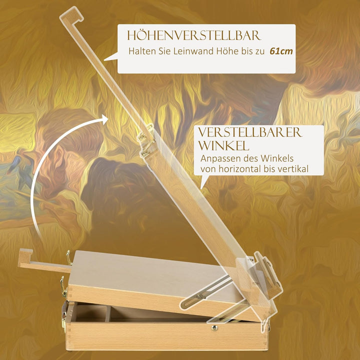 HOMCOM Tischstaffelei Winkelverstellbare Staffelei mit Griff, Stauraum Kofferstaffelei zum Malen & Z