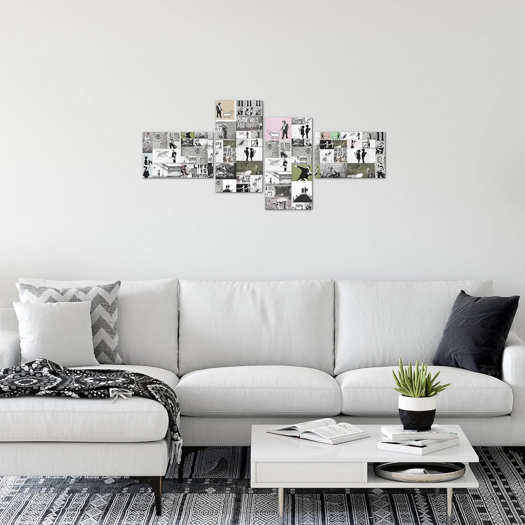 Runa Art Bild Modern Collage Banksy - Made in Germany - Wandbilder Street Art Grau 4 Teilig 302742b