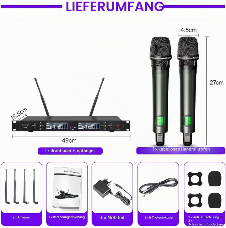 Depusheng DR666 Professionelles drahtloses Karaoke Mikrofon doppeltes drahtloses Handmikrofon Metall