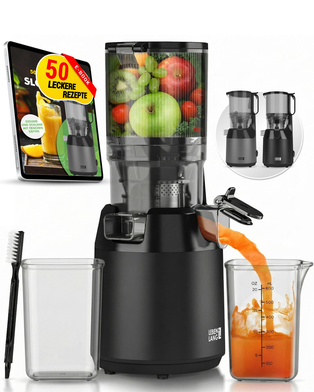 LEBENLANG Entsafter Slow Juicer - Inkl. Rezeptbuch & Grosse 130mm Öffnung I Perfekt für Obst ganze F