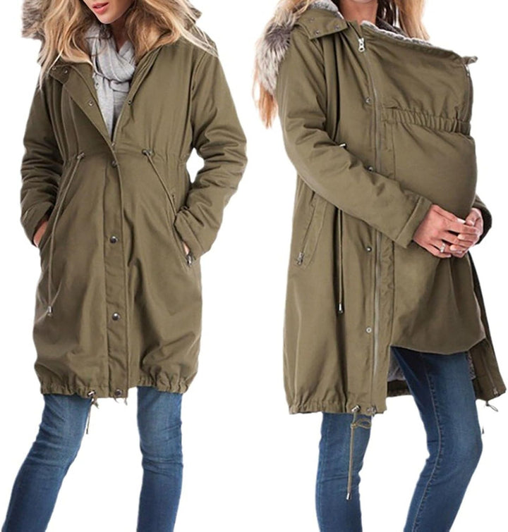 2025 3-in-1 Umstandsjacke für Damen, Baumwolle, warm, mit Fellkragen, Umstandsjacke und Parka, mit v
