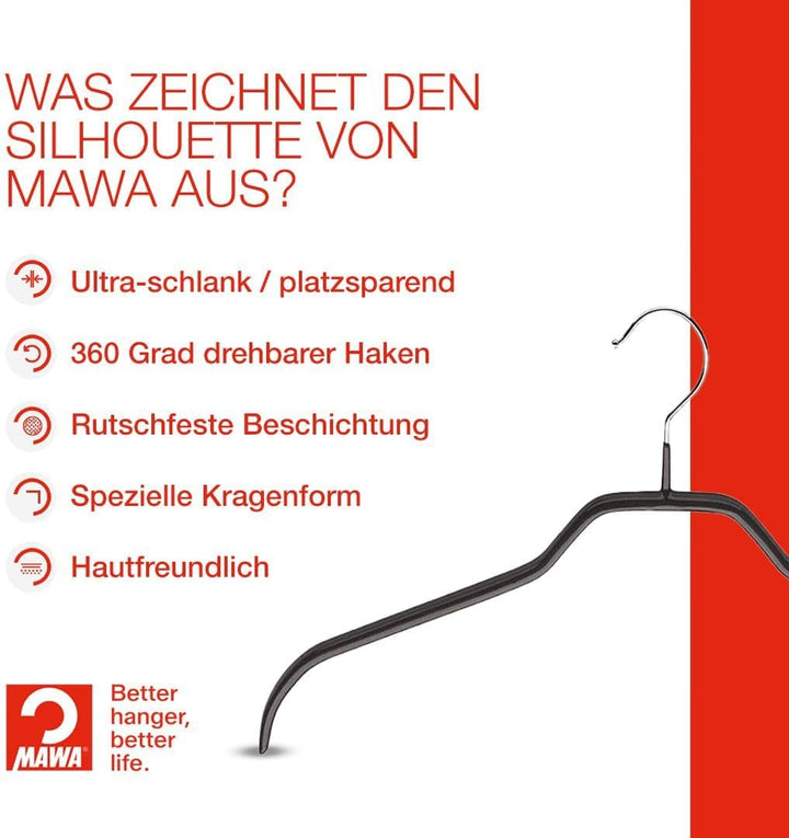 MAWA Kleiderbügel, Set mit 10 platzsparenden und rutschfesten Bügeln, ideal für Hemden und Blusen, m
