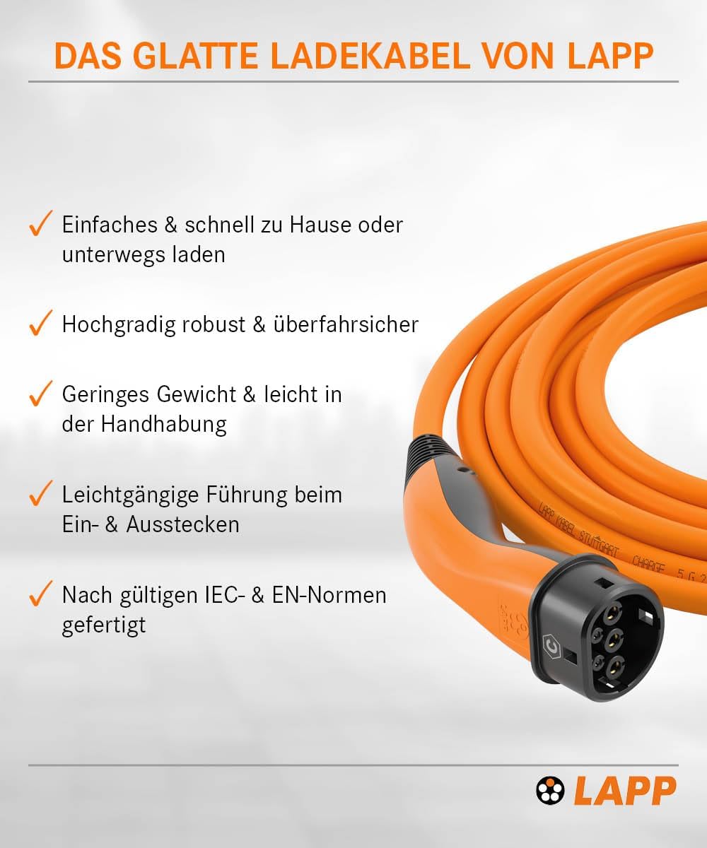 Lapp Mobility Typ 2 Ladekabel 7,4 KW/Glatt / 32 A / 1-Phasig/E-Auto Ladekabel/Mode 3 / 5m 5 Meter Or