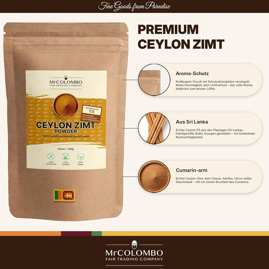 Ceylon Zimt Pulver 100g – C5 Premium Qualität, Direktimport aus Sri Lanka, Echter Zimt gemahlen, cum