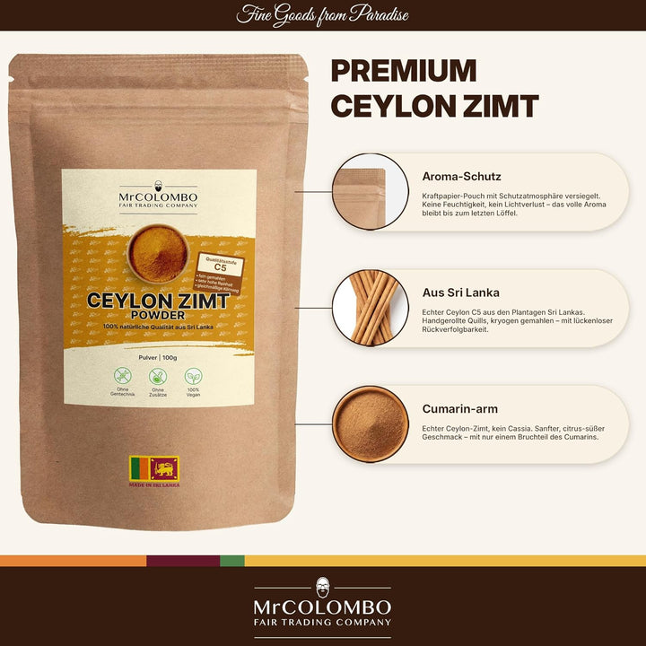 Ceylon Zimt Pulver 100g – C5 Premium Qualität, Direktimport aus Sri Lanka, Echter Zimt gemahlen, cum