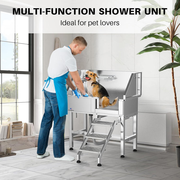 Roomark 86 cm Professionelle Hundebadewanne mit Treppe, Edelstahl Hundepool mit Duschkopf & Schiebet