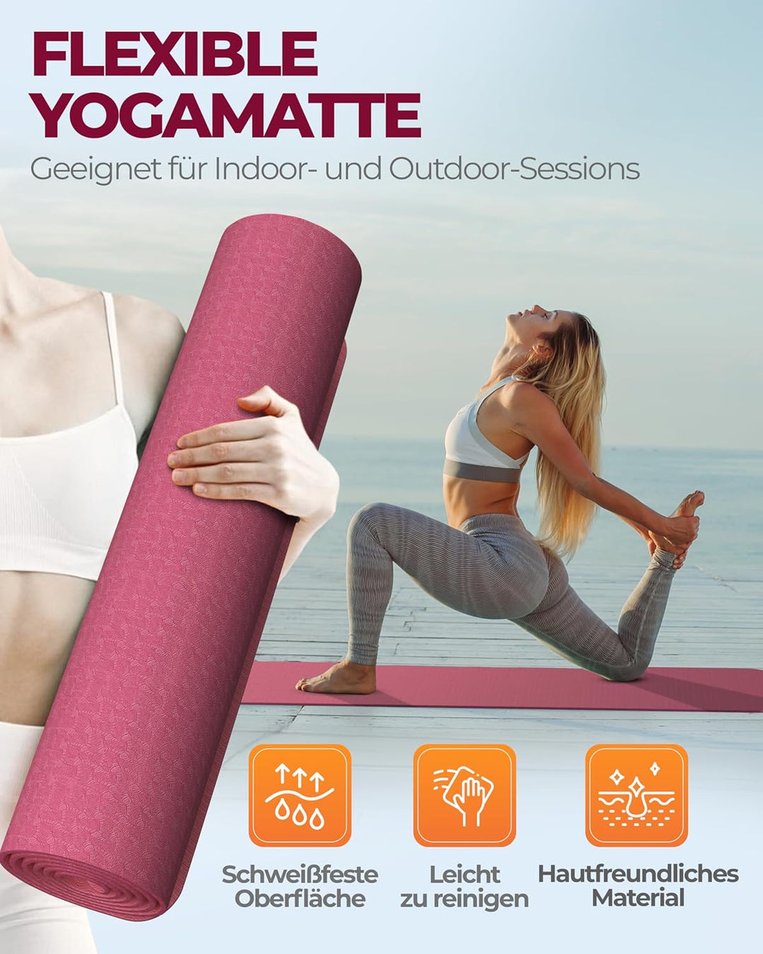 Fitleap Yoga-Matte Pro aus umweltfreundlichem TPE-Schaum. Sehr rutschfeste, schadstofffreie, hypoall