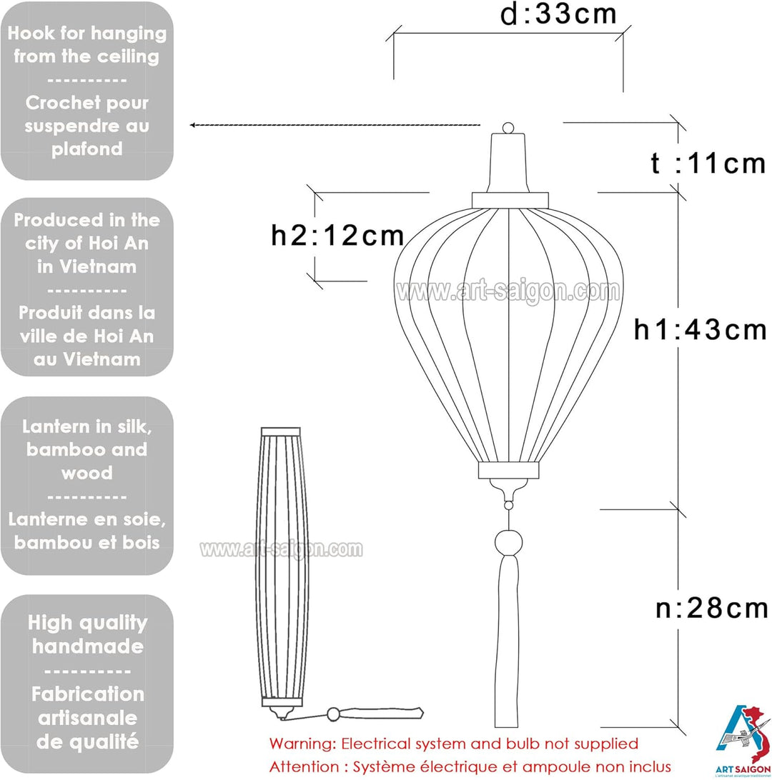 Lampion Asiatisch Hoi an Seide gelb M – Ø 33 cm – Laterne Hoi an Stoff, Bambus und Holz – Handwerk u