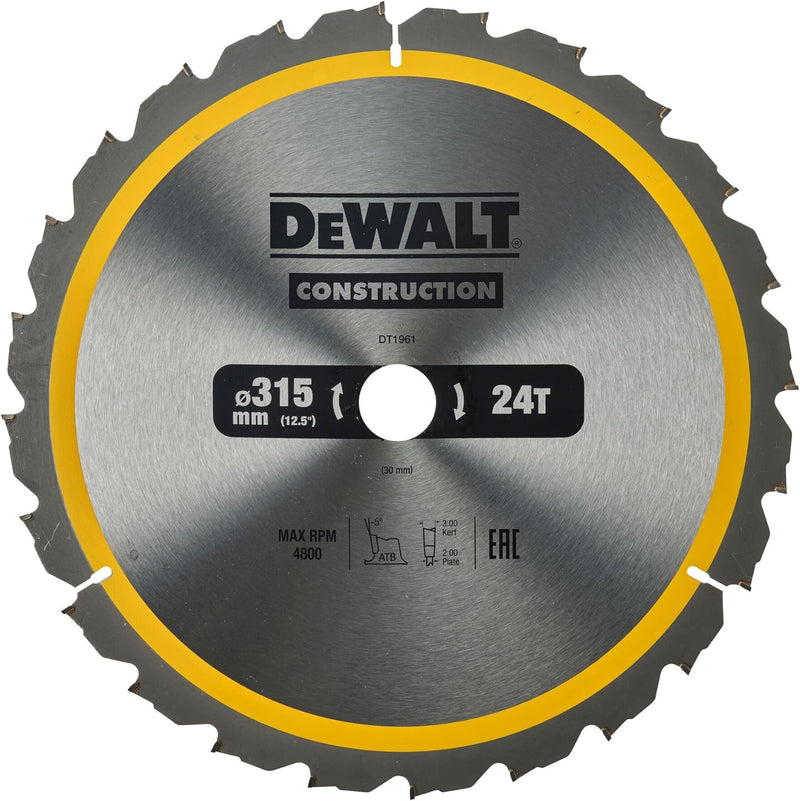 DeWalt Bau-Kreissägeblatt für Stationärsägen/Kreissägenblatt (315/30 mm 24WZ, für schnelle Schnitte)