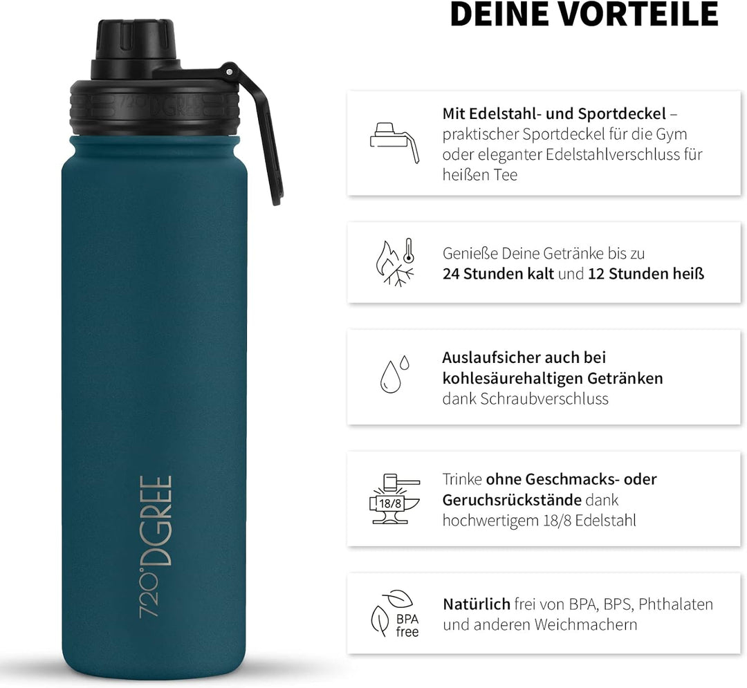720°DGREE Edelstahl Trinkflasche “noLimit” - Auslaufsicher, Kohlensäure geeignet, BPA-Frei - Thermos