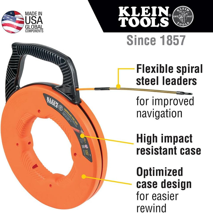 KLEIN TOOLS Fiberglas-Einziehband mit Spiralführungskopf aus Stahl, 30,5 m, Fiberglas