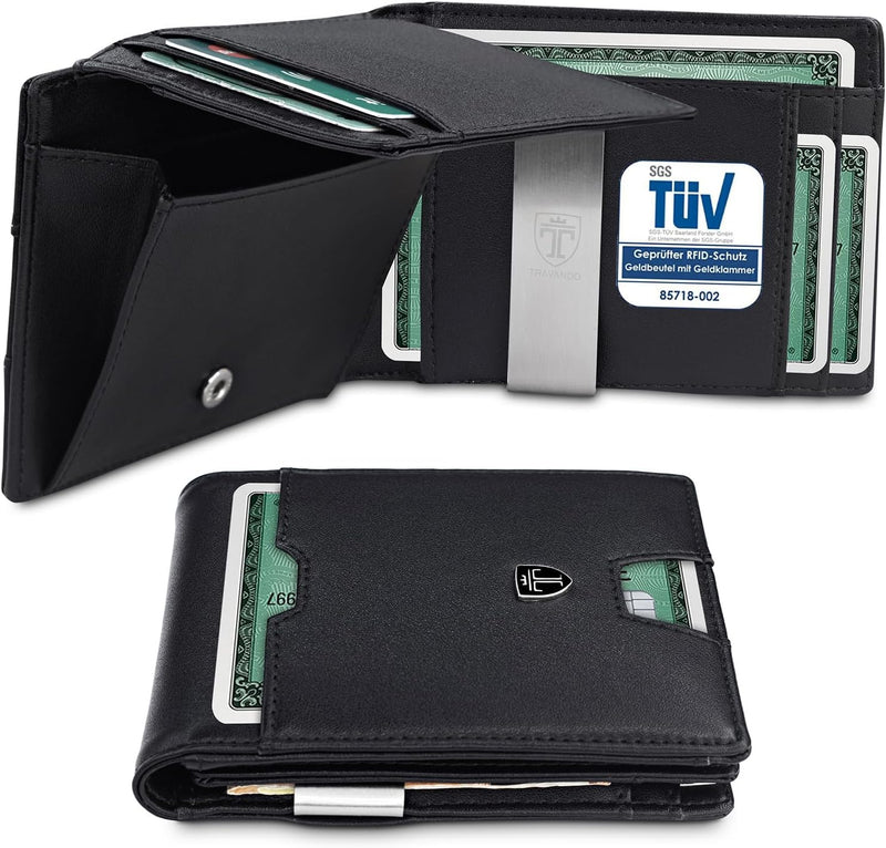 TRAVANDO Geldbörse Herren Geldbörse mit Geldklammer TÜV RFID Zertifiziert Wallet mit Münzfach 10 Kar