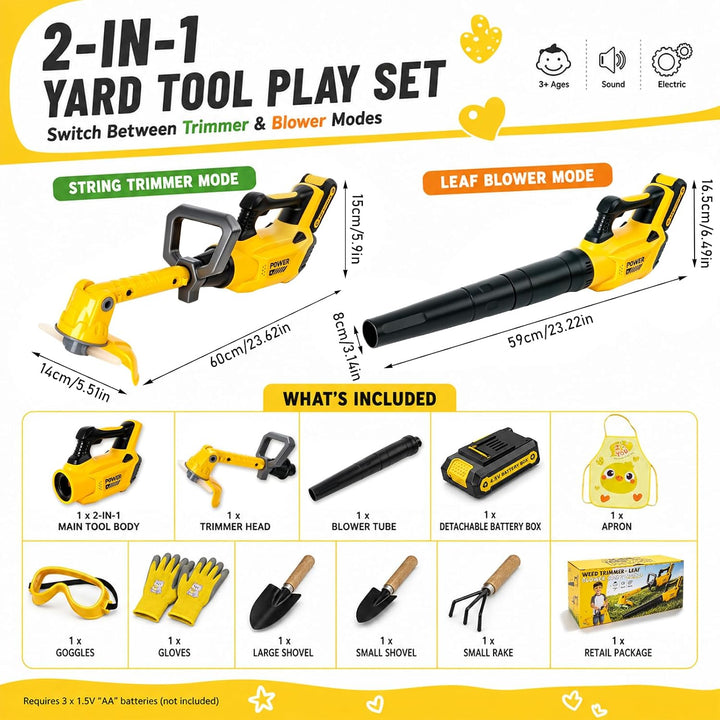2 in 1 Kinder Rasenmäher mit Geräusch und Licht, Gartenspielzeug | mit Laubbläser, Schürze, Handschu