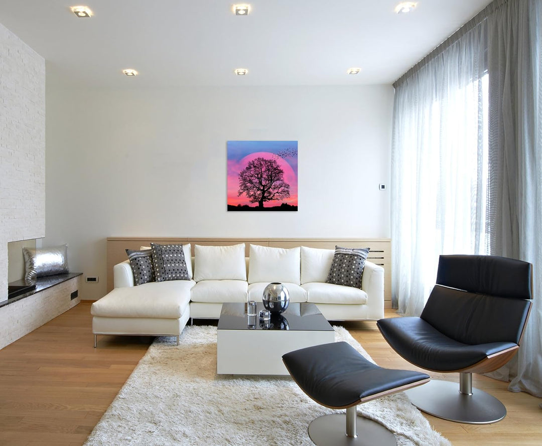 Wandbild 90x90cm Collage – Baum Silhouette vor Supermond auf Leinwand für Wohnzimmer, Büro, Schlafzi