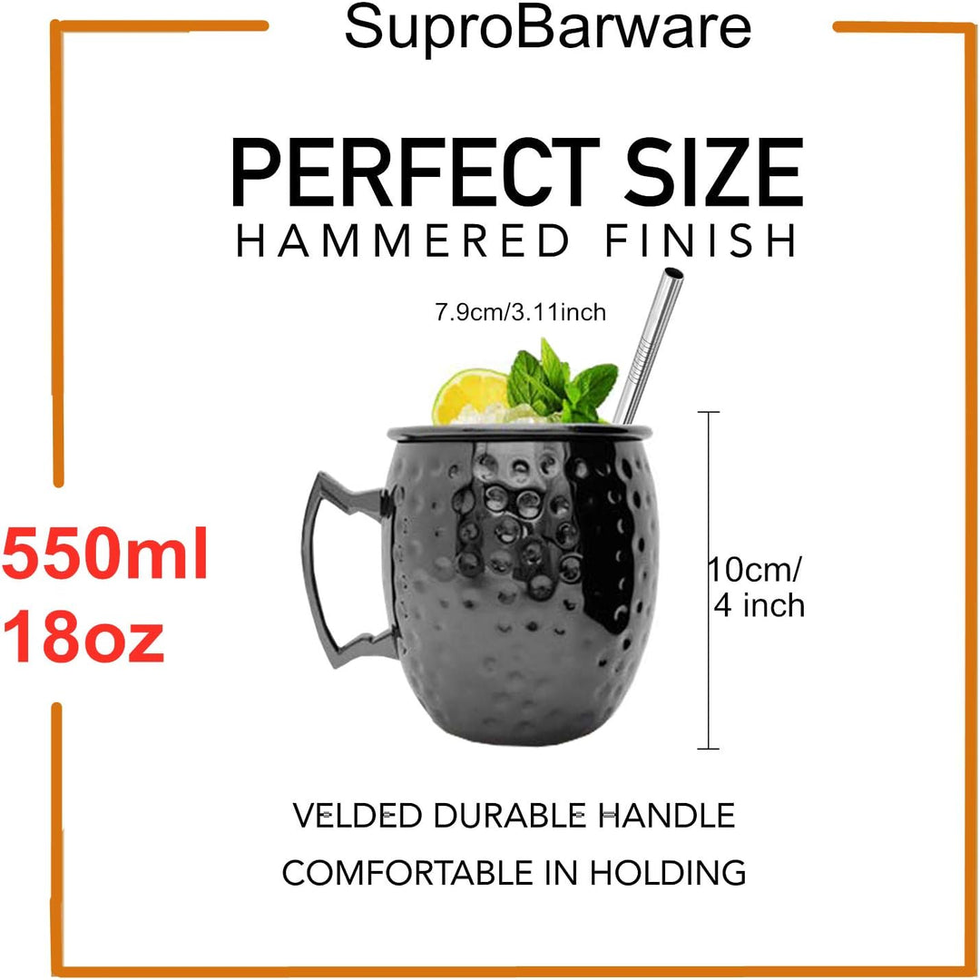 Moscow Mule Becher, Set 4er, Gunmetal schwarz 550ml, Moscow Mule Mug mit 4 Becher, 4 Trinkhalme, 1 M