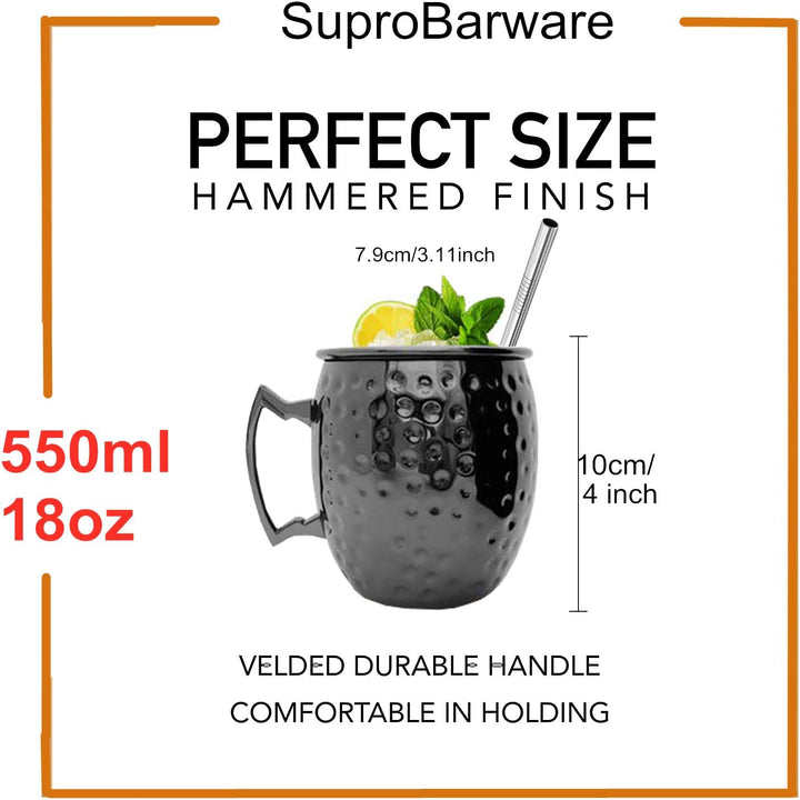 Moscow Mule Becher, Set 4er, Gunmetal schwarz 550ml, Moscow Mule Mug mit 4 Becher, 4 Trinkhalme, 1 M
