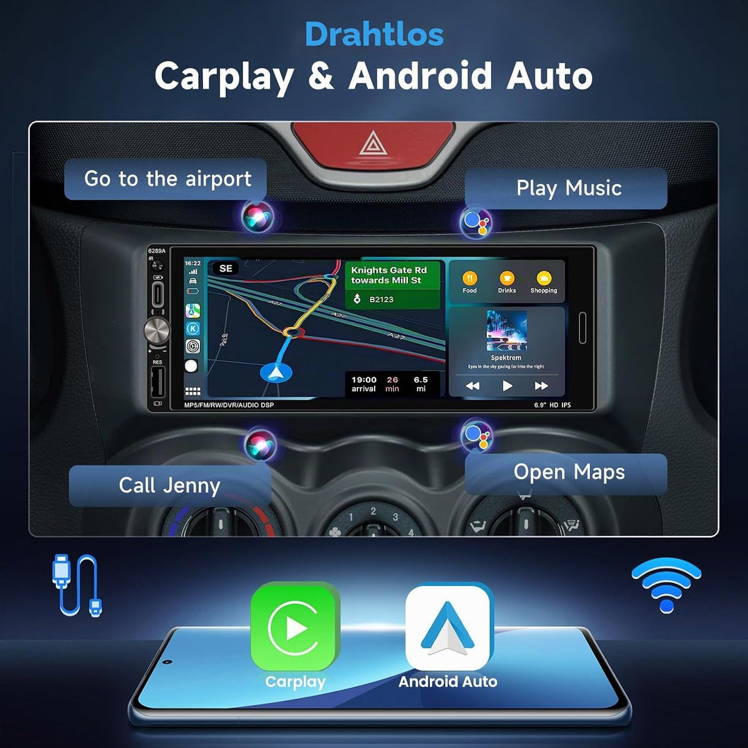 Inefala Android 15 Autoradio 1 Din mit drahtlosem CarPlay und Android Auto, 6,9 Zoll Auto Bildschirm